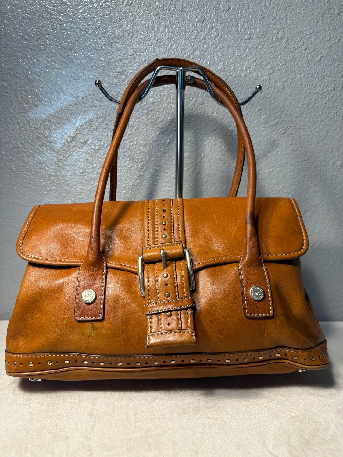 Michael Kors Brown Leather, Vintage Micro Stud East West Shoulder Bag