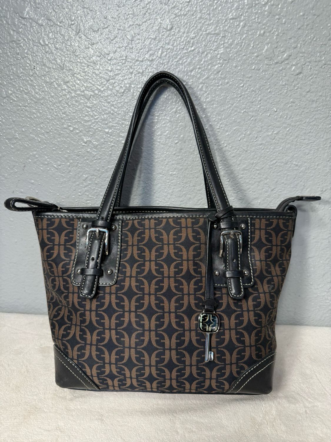 Fossil, Vintage, Black And Brown Jacard And Leather Satchel
