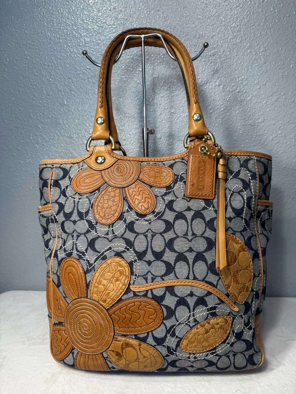 Coach Vintage Denim And Leather Floral Patchl Bleaker Tote
