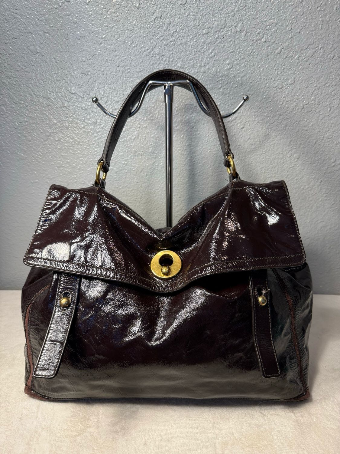 Yves Saint Laurent AUTHENTIC Brown Patent Leather, Large Shoulder Bag