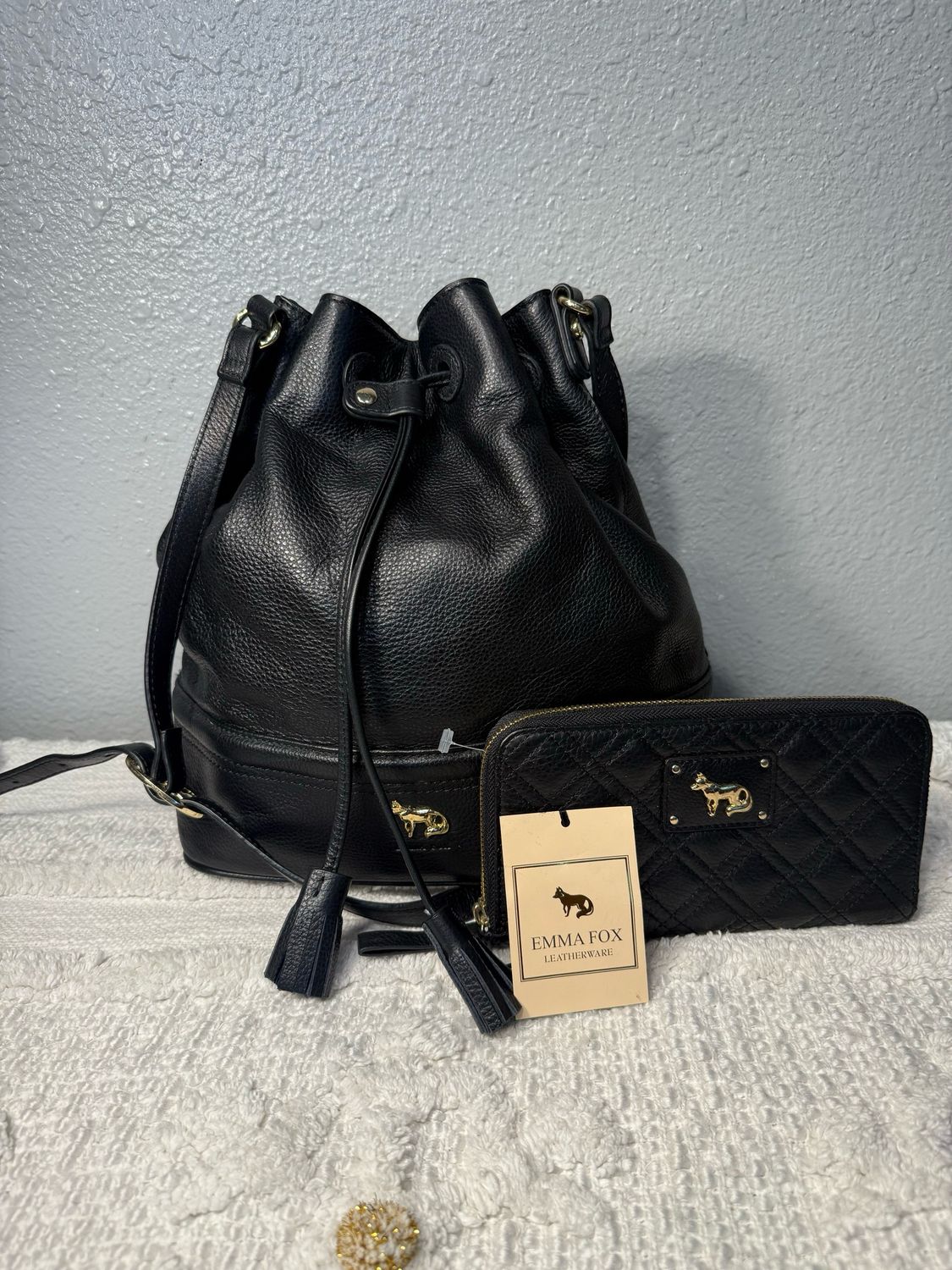 Emma Fox, Black Pebbled, Leather Bucket Bag, And Matching Wallet Free With Purchase