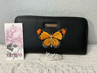 Kensie Black, Vegan Leather Embroidered Monarch Butterfly Wallet NWT! Retail $38.00