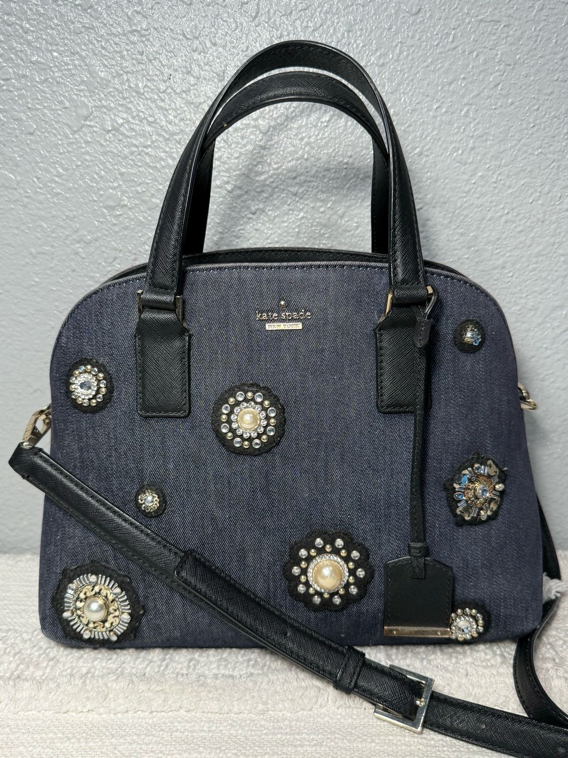 Kate Spade denim and Saffiano leather jeweled satchel