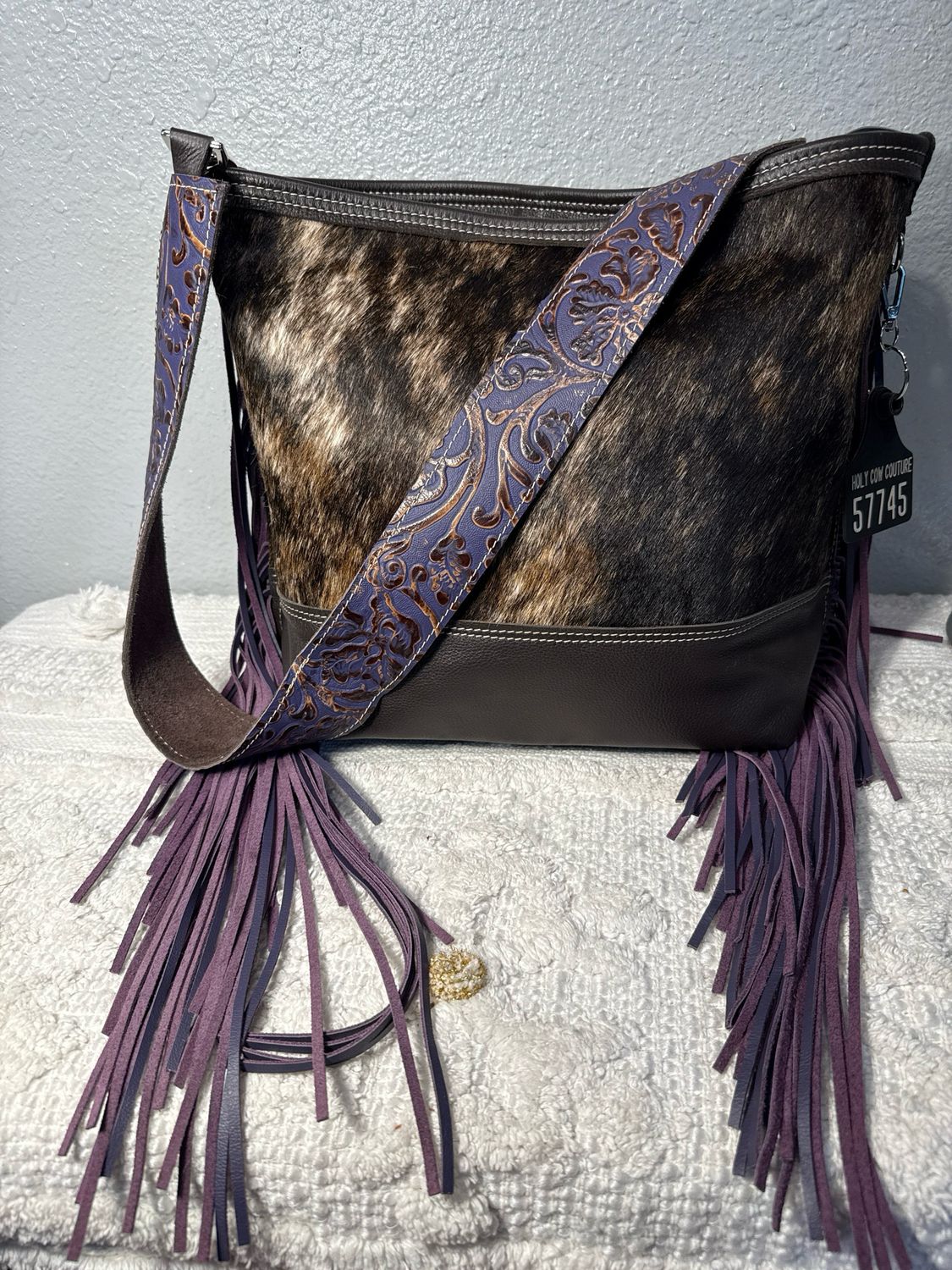Holy Cow Couture Authentic Hair On Hyde Chocolate Brown And Purple Messenger Bag NWOT! TETAIL $475