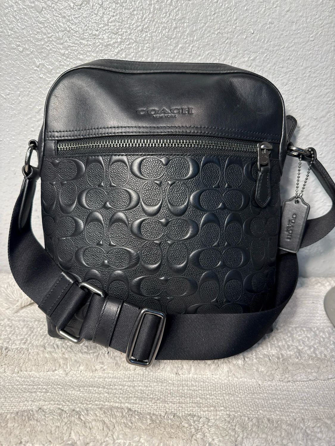 Coach Black Leather Debossed Signature C Houston Crossbody Bag New Without Tags!