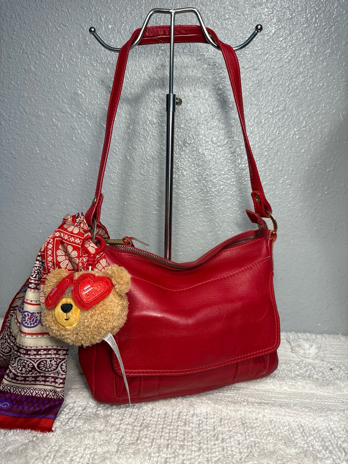 Vintage 1970S Red Genuine Leather Shoulder Bag With Bear And Scarf Attached