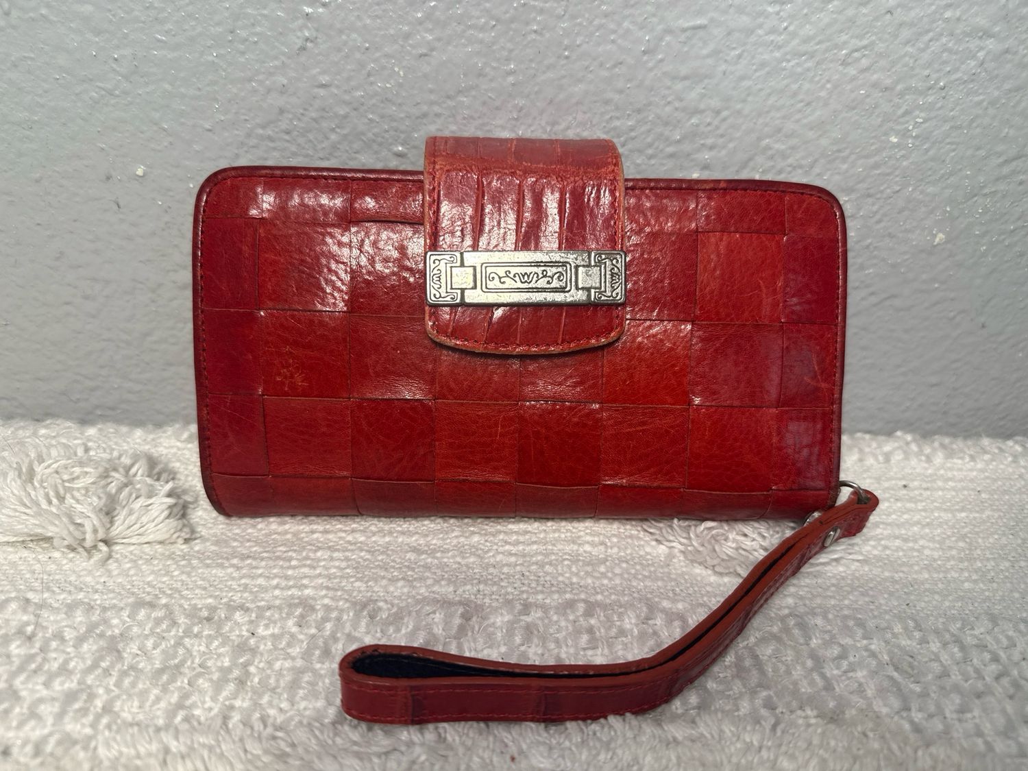 Brighton, red basket, weave, leather wristlet, wallet clutch