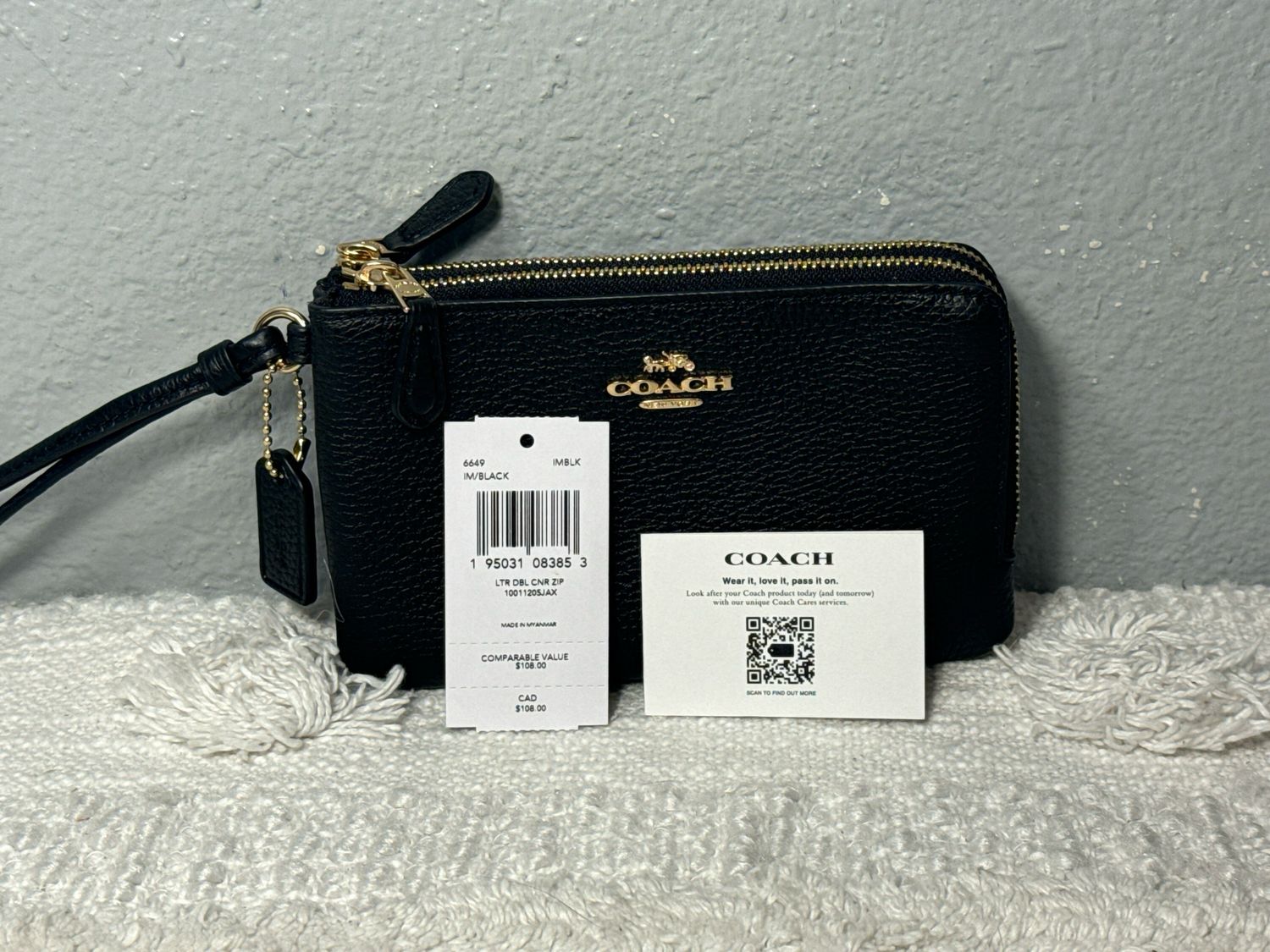 Coach, Black Pebble, Leather Double Zip Wristlet Wallet New With Tags!