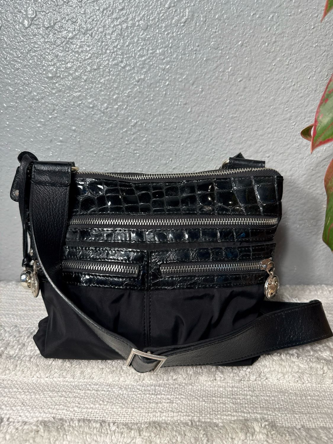 Brighton Nylon And Crock Embossed Leather Crossbody Bag