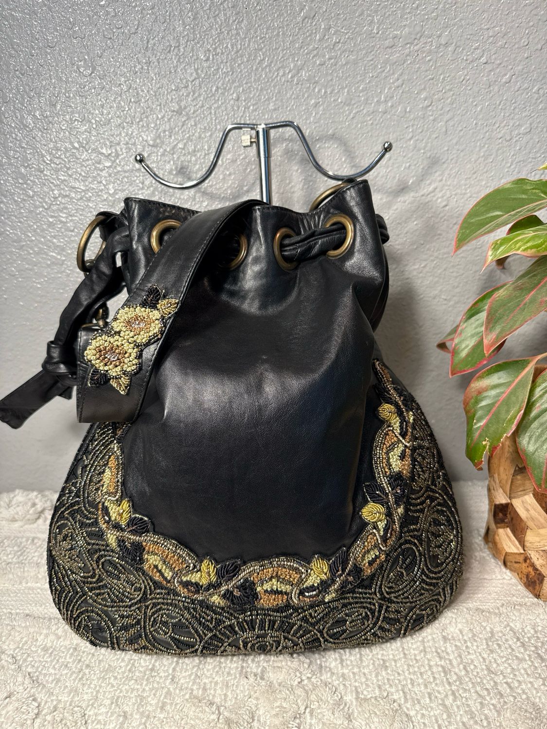 Black Leather Beaded Bucket Style Hobo Bag