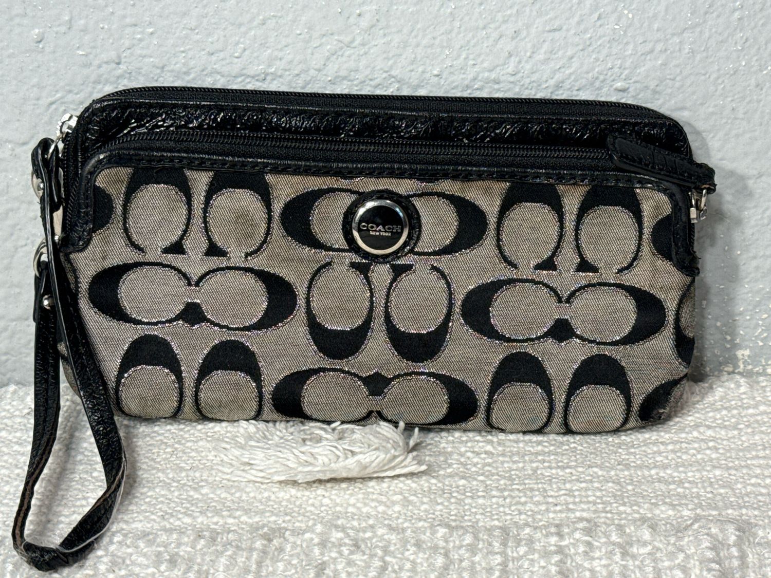 Coach Black And Gray Jacquard Wristlet Waller