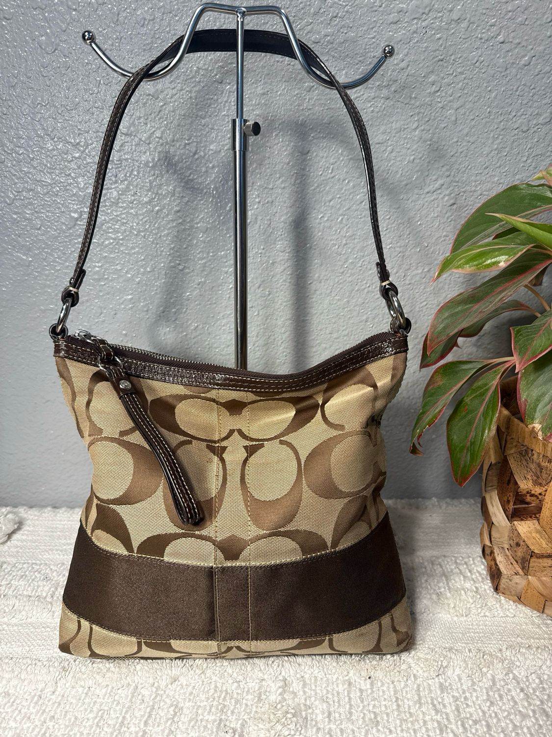 Coach Vintage Brown Jack Card And Leather Signature Stripe Hobo Shoulder Bag