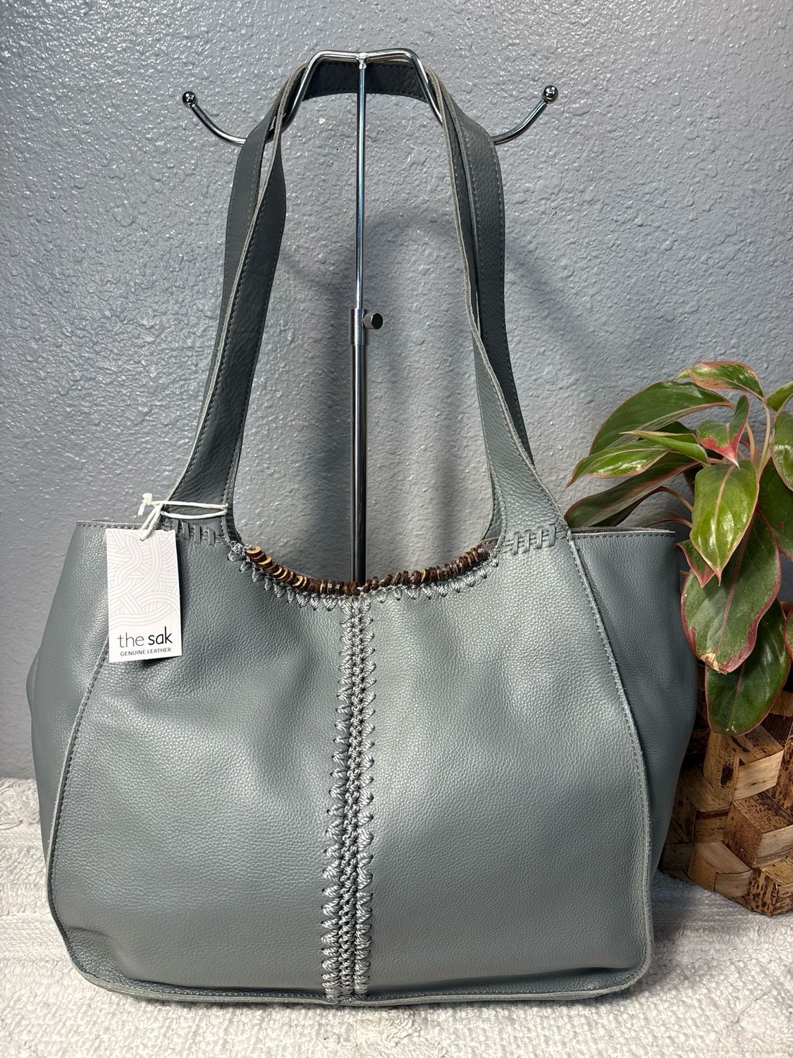 The Dak Gray Leather Beaded Tote NWY!