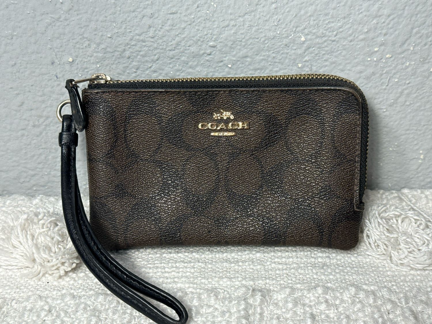 Coach Brown Signature Double Zip Wristlet Wallet