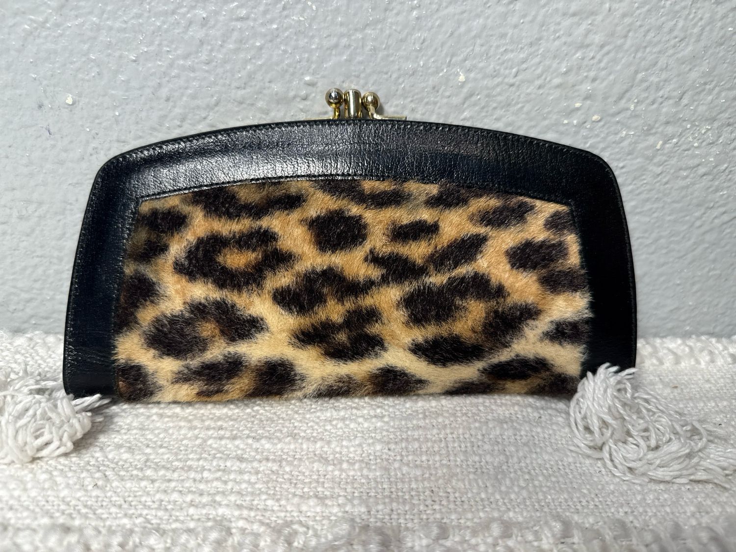 Baronet Vintage 1950s Faux, Leopard Fur And Black Leather Kiss Lock Wallet NWOT!