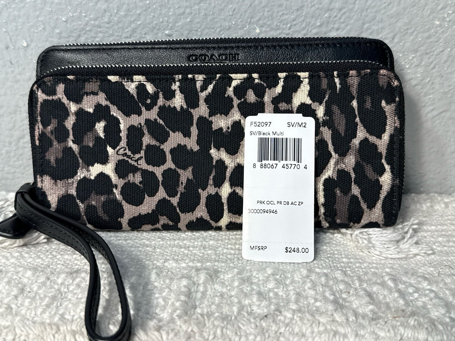 Coach, Black And Gray Canvas And Leather Leopard Double Zip Wristlet Wallet NWT!