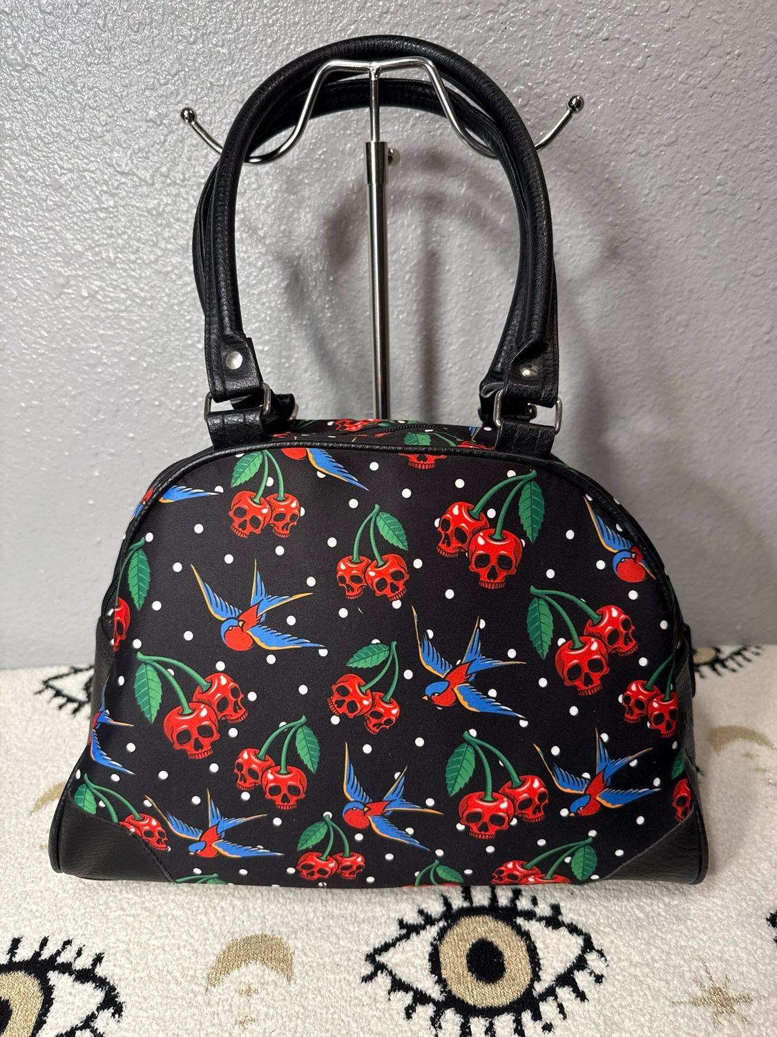 Liquor Brand Skull Cherries, And Swallows, Satin And Faux, Leather Dome, Satchel New Without Tags!