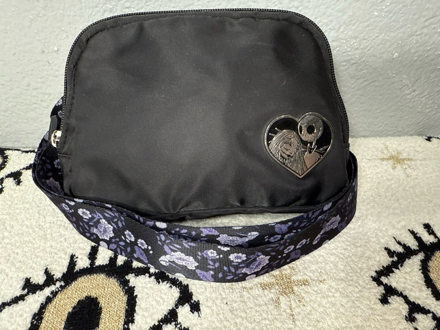 Tim Burton’s The Nightmare Before Christmas Fanny Pack, Black Nylon Purple Floral Strap