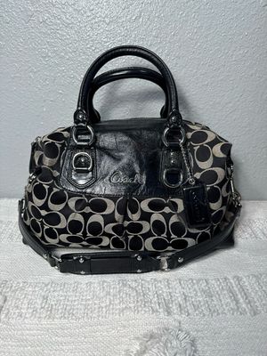 Coach, Ashley, Gray And Black Jacquard And Leather Satchel