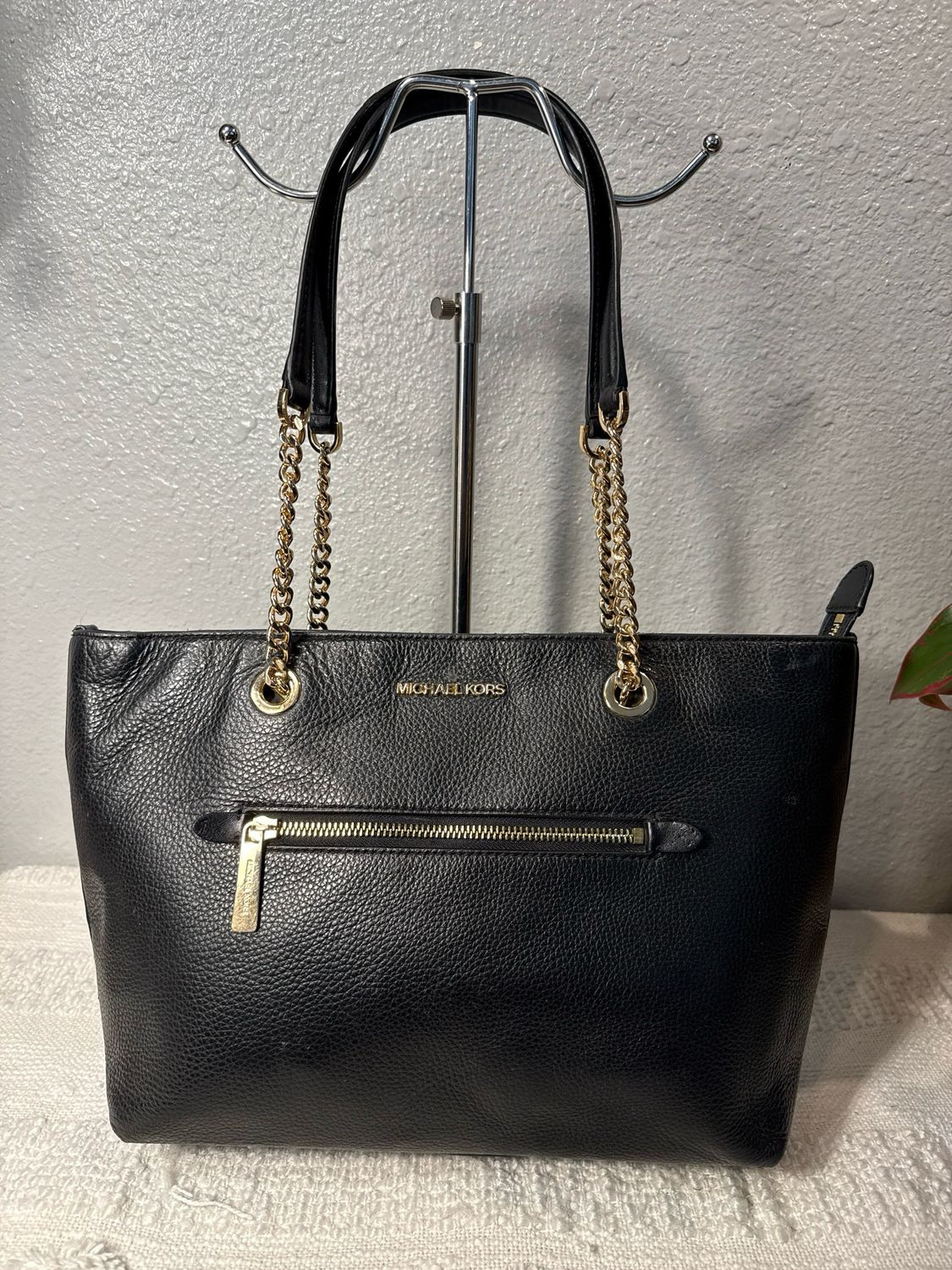 Michael Kors, Black Pebble, Leather East West Zip Top Tote