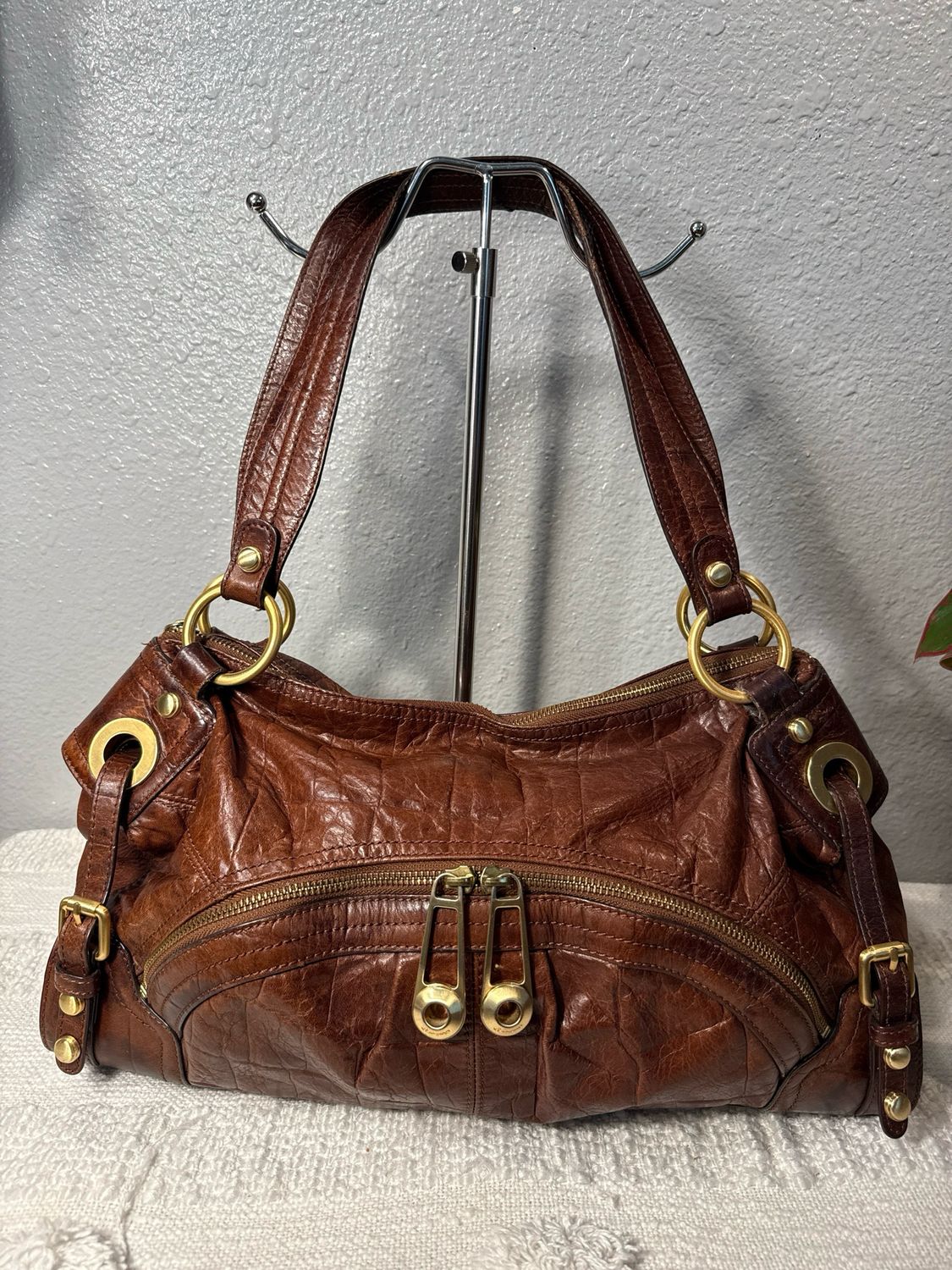 B. Makowski Chocolate, Brown, Distressed, Crock Embossed, Leather Shoulder Bag