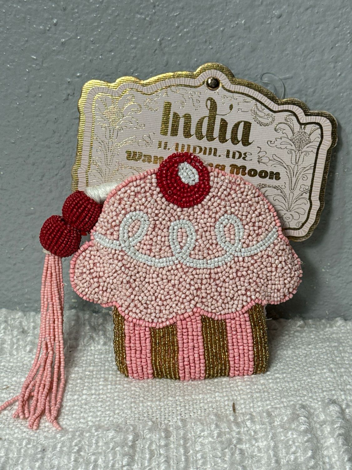 Pink Hand Beaded Cupcake With Cherry On Top Coin Purse New!