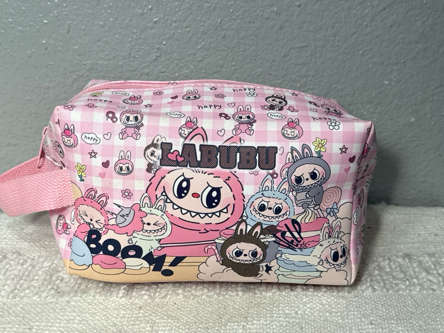 Labubu Pink Check Faux Leather Cosmetic Bag