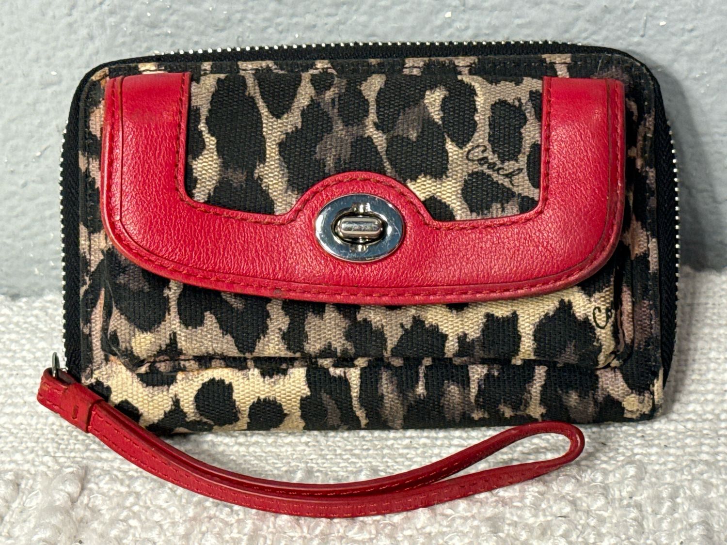Coach Canvas And Red Leather Leopard Wristlet Wallet
