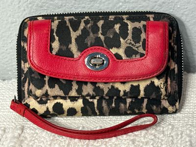 Coach Canvas And Red Leather Leopard Wristlet Wallet