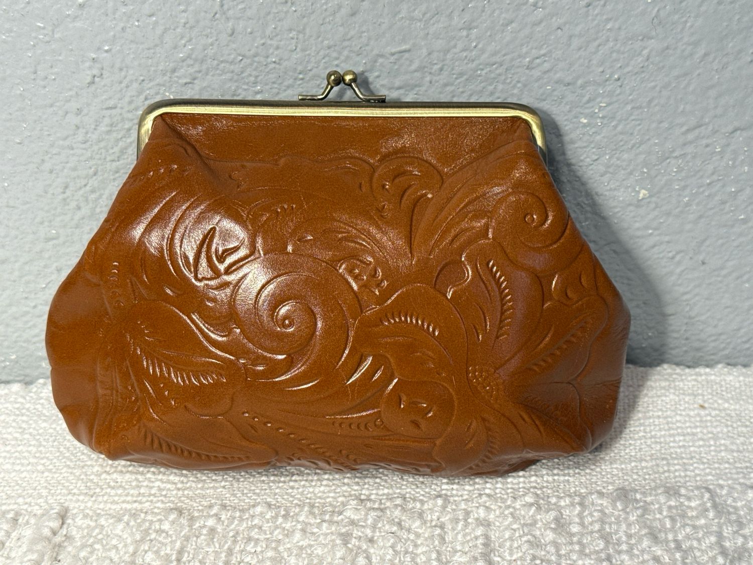 Patricia Nash Brown, Leather Embossed Large Kiss Lock Catchall