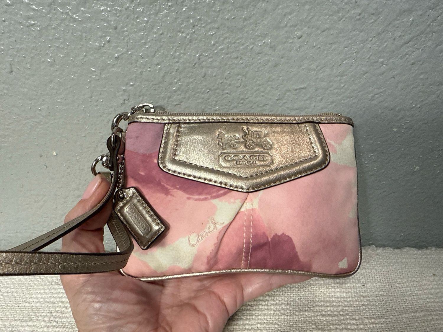 Coach, Pink Cotton And Leather Wristlet Wallet