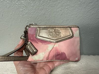 Coach, Pink Cotton And Leather Wristlet Wallet