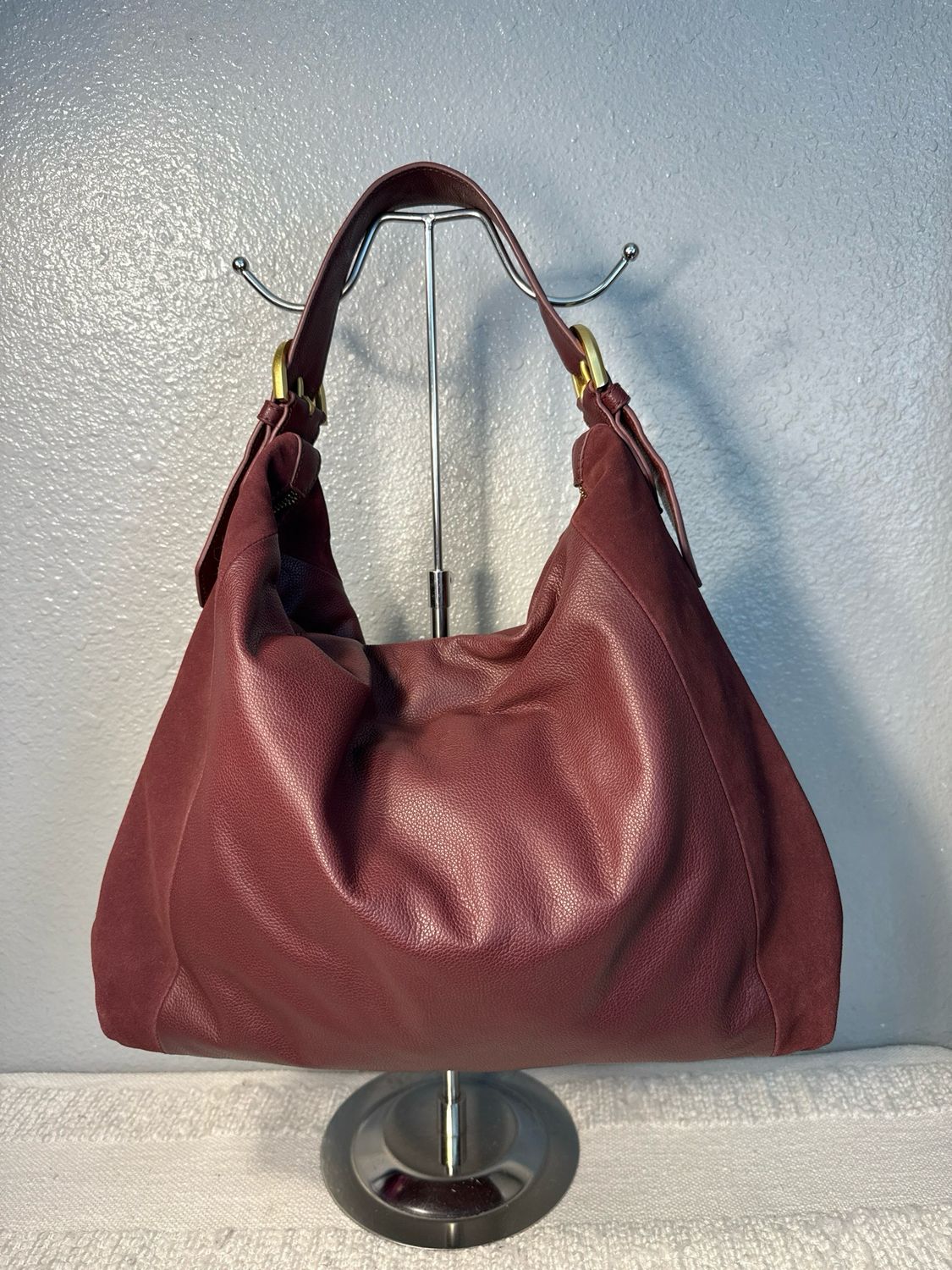Vince Camuto, Burgundy, Pebbled, Leather And Suede Shoulder Bag New Without Tags!
