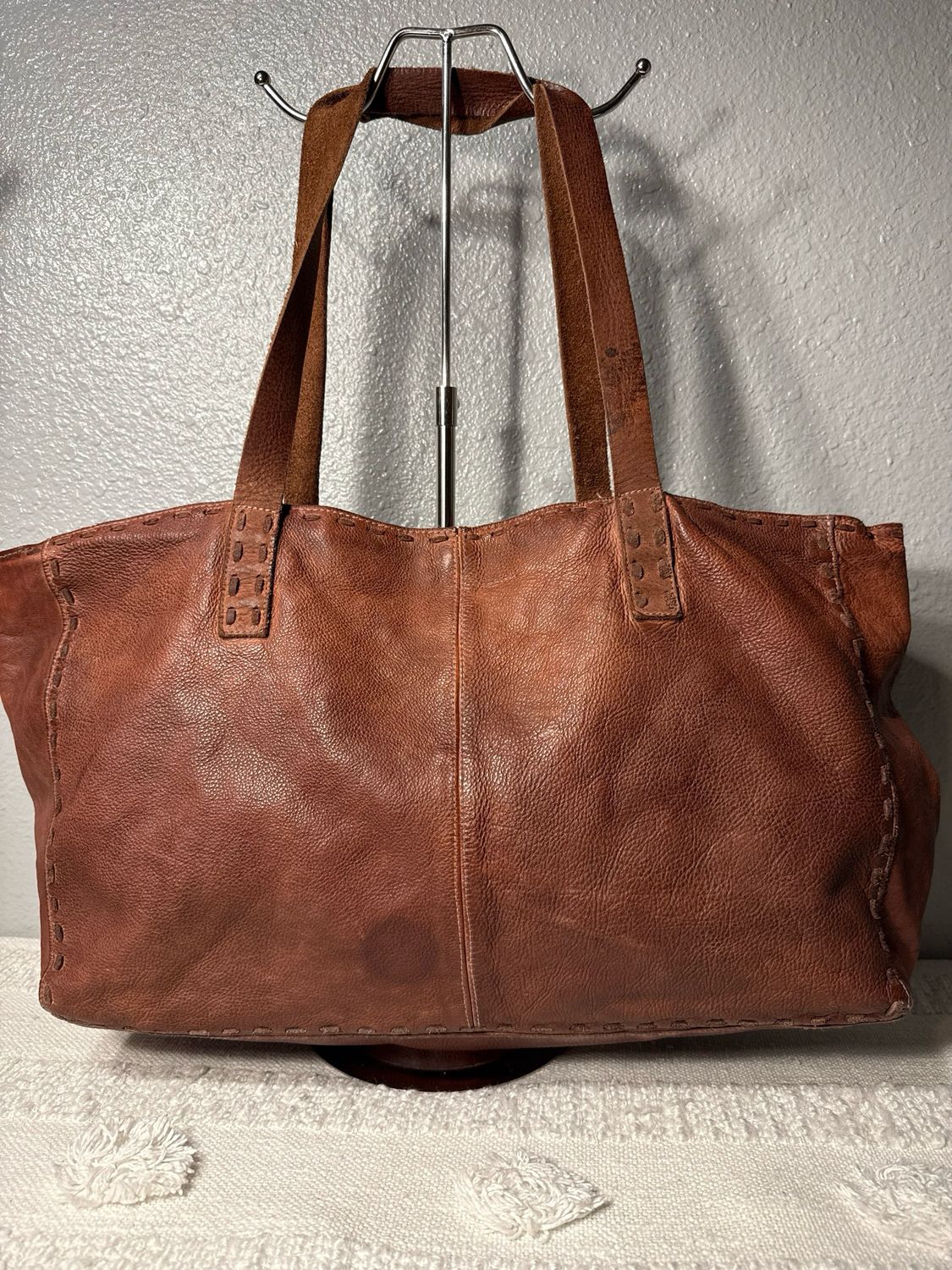 Free People Distressed, Brown, Leather Whipstitch East West Tote Bag