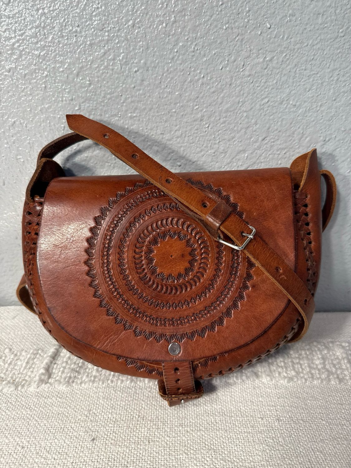 Vintage Handmade Artisan, Embossed Saddle, Leather Crossbody