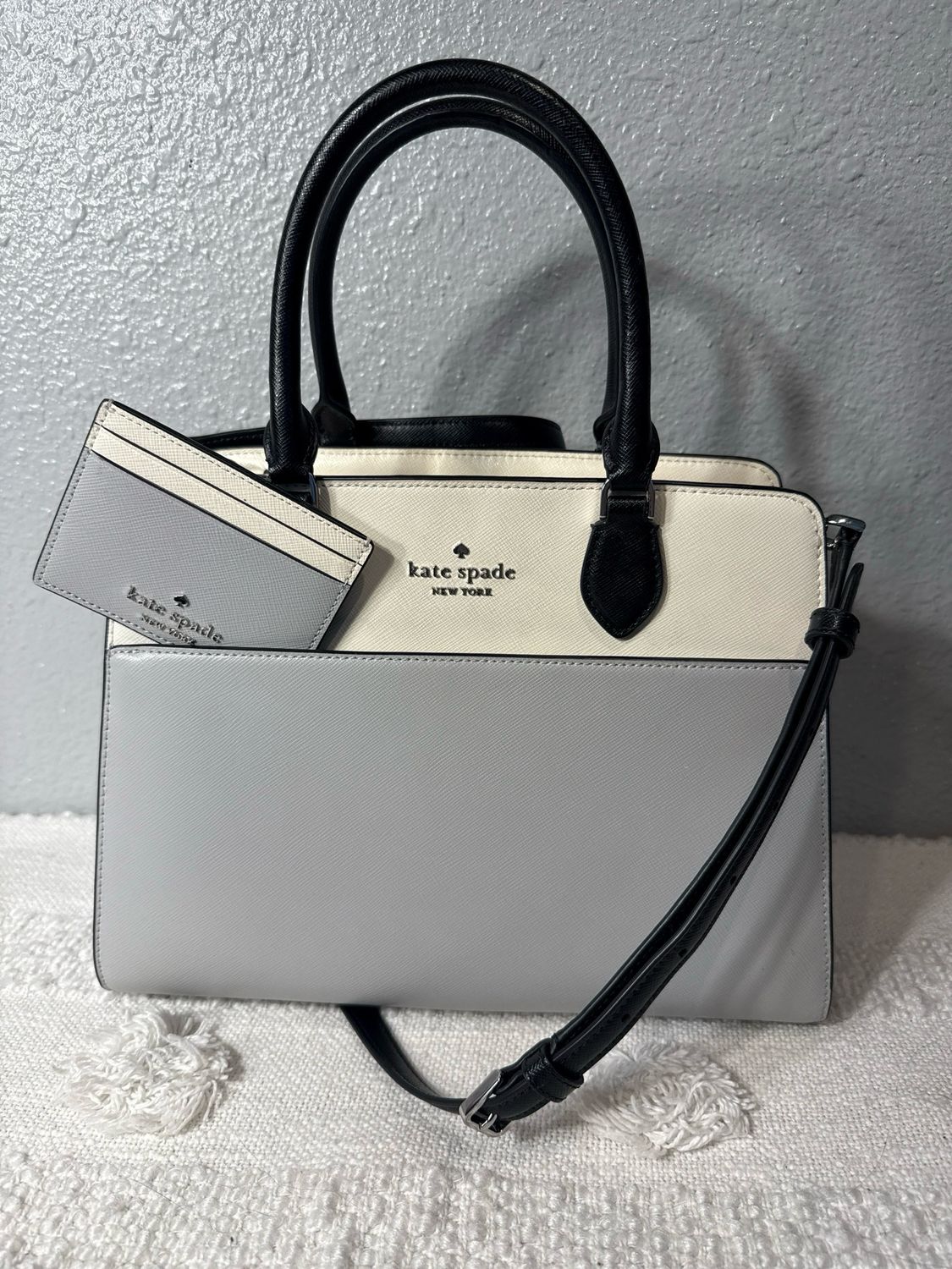 Kate Spade Color Block, Gray Ivory And Black Saviano, Leather Madison, Satchel And FREE Matching Card Case NEW WITHOUT TAGS!