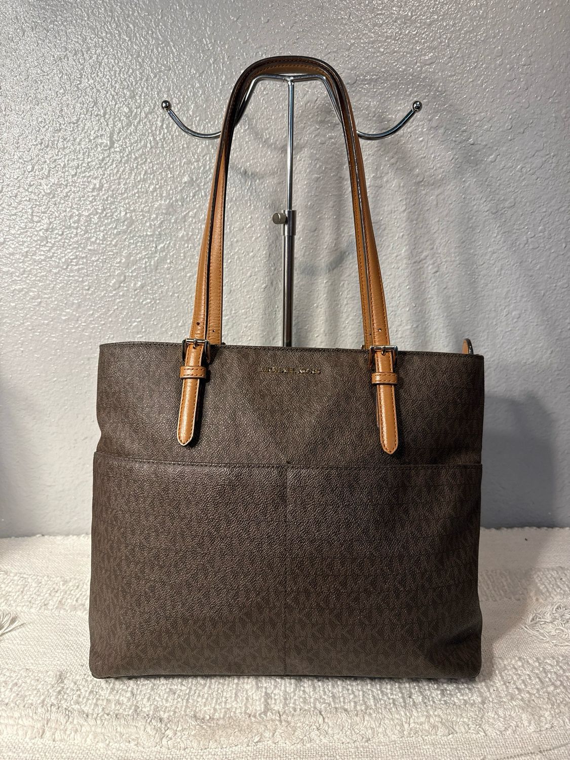 Michael Kors Brown Coated Canvas And Leather Mini Signature Multi Pocket Tote