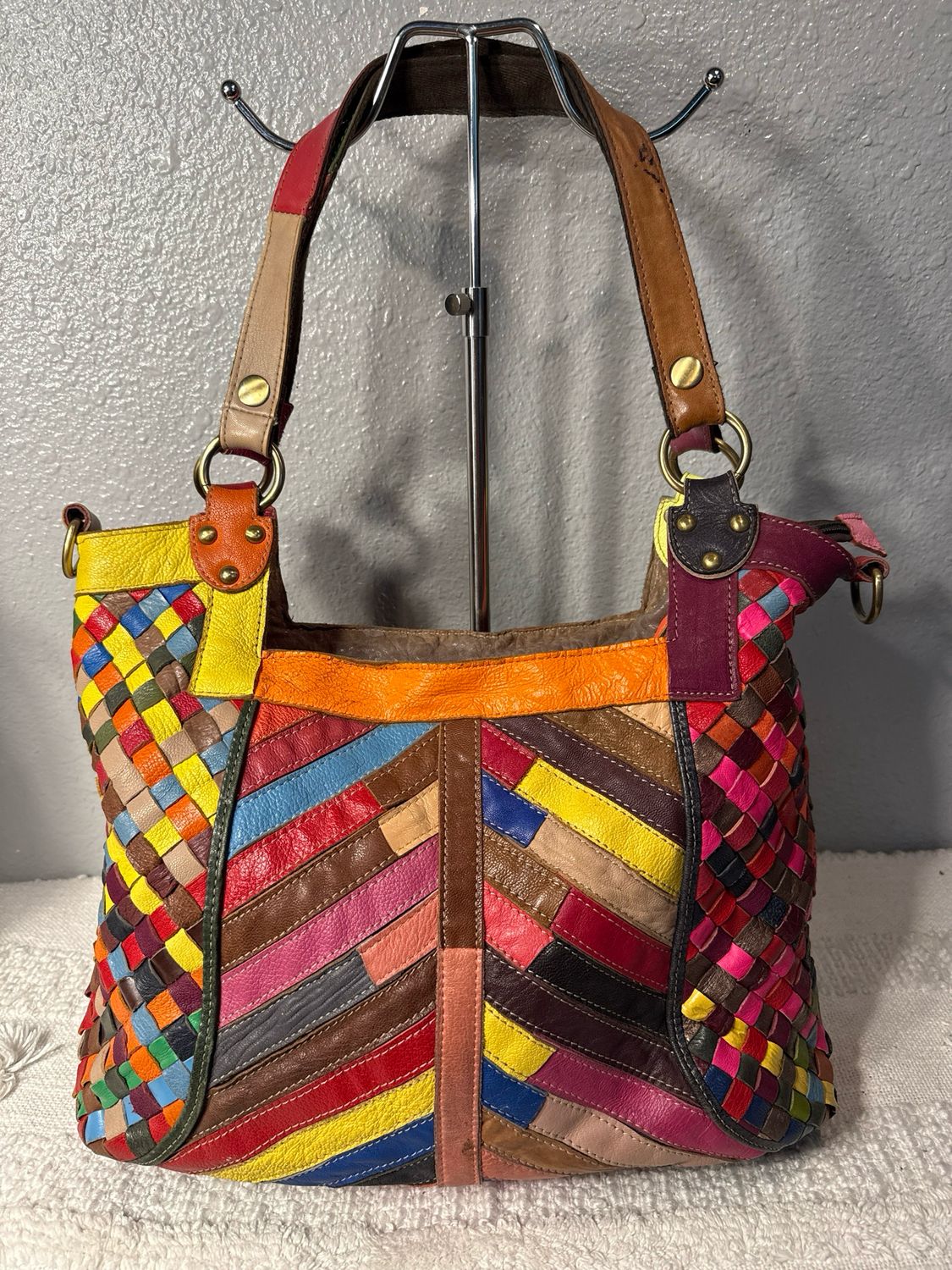 AMERI Leather Multicolor, Patch, And Woven Leather Tote Bag