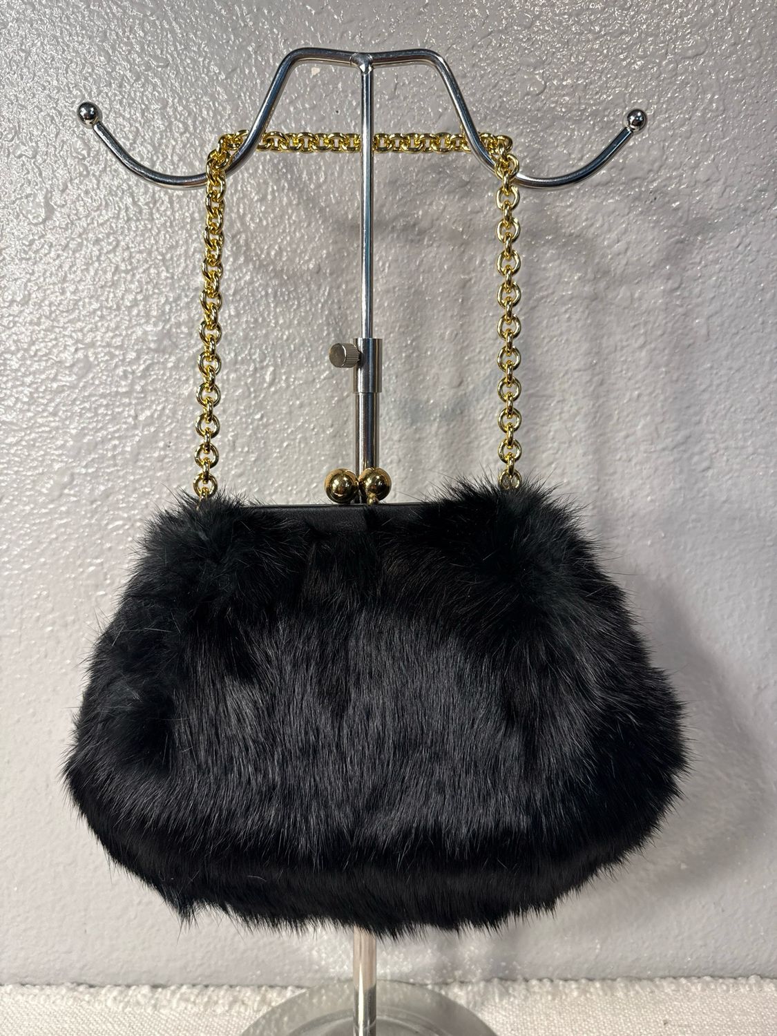 Vintage MM 1950’s Black Rabbit Fur Kiss Lock Handbag With Coin, Purse, And Mirror