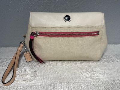 Coach Rare Find Beige And Pink Metallic Thread Canvas And Leather Trim Clutch Wristlet Bag