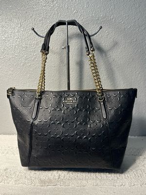 Coach Black Leather Debossed Gold Chain Tote
