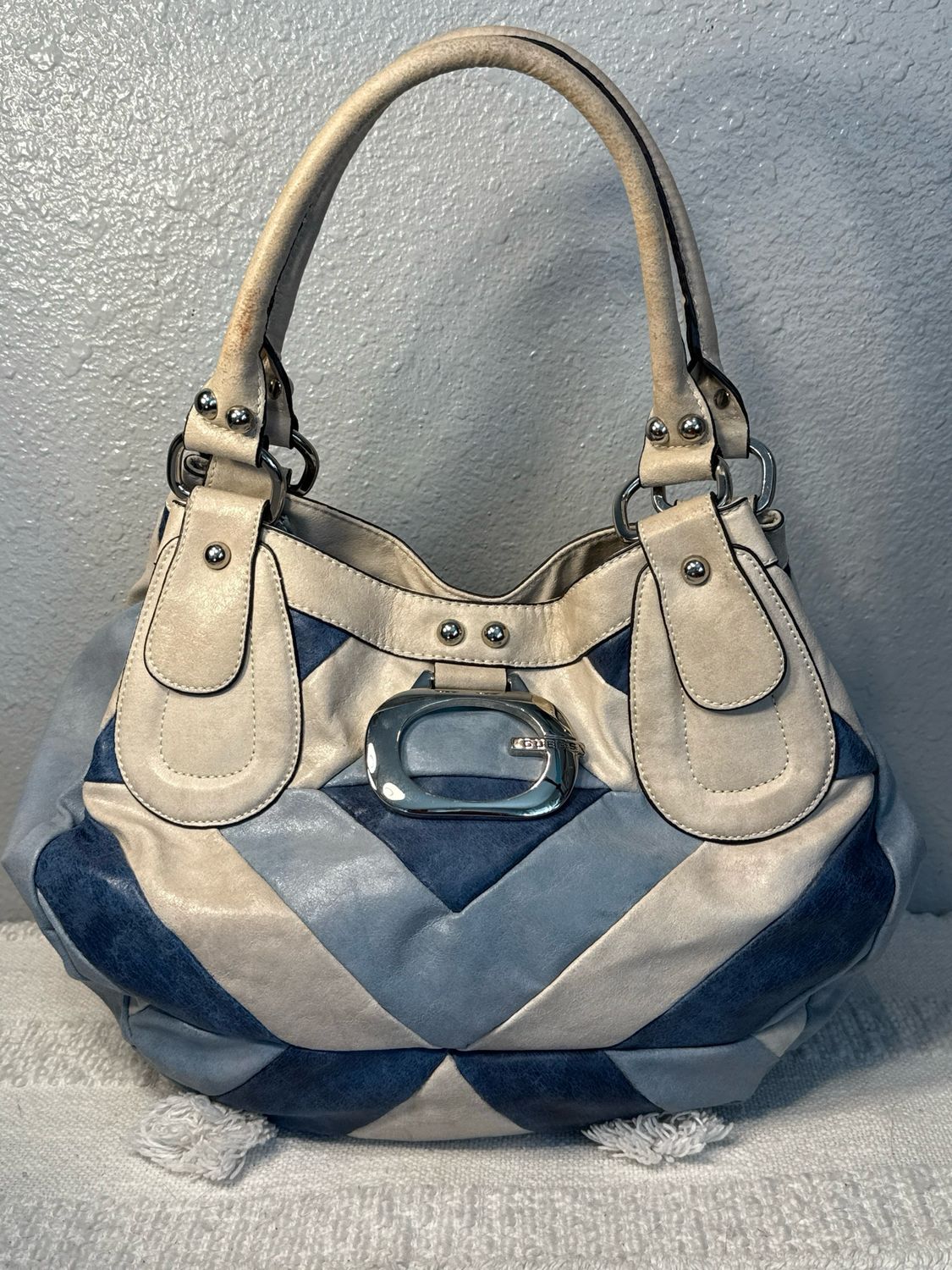 Gas, Vintage Blue And Ivory, Leather Patchwork, Shoulder Bag