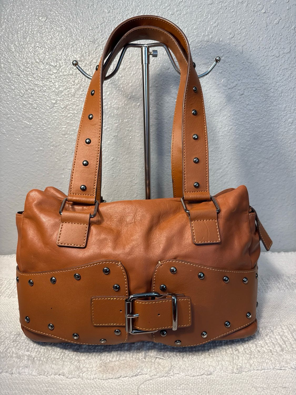 Maxx New York Vintage Brown, Leather Studded Belted East West Bag