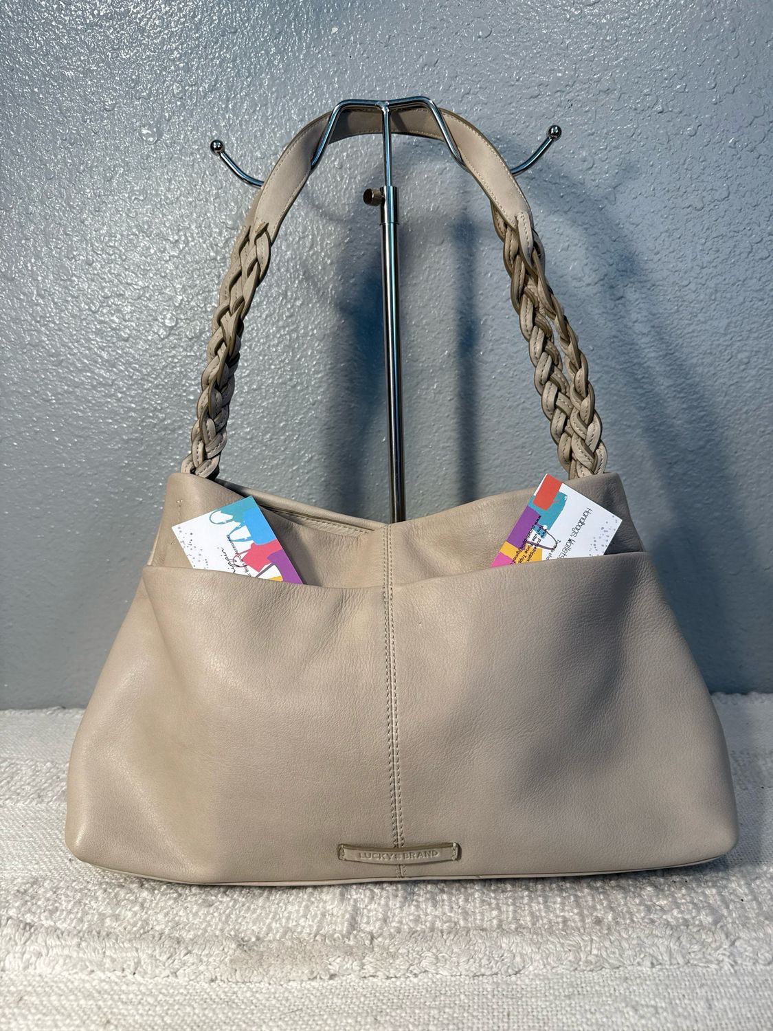 Lucky Brand, Beige Leather East West Shoulder Bag With Braided Straps Without Tags!