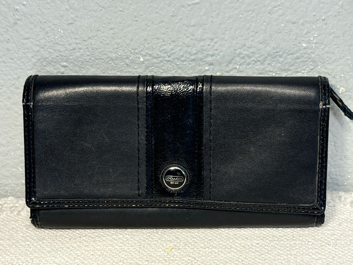 Coach Vintage Black, Smooth, Leather And Patent Leather Trim Wallet