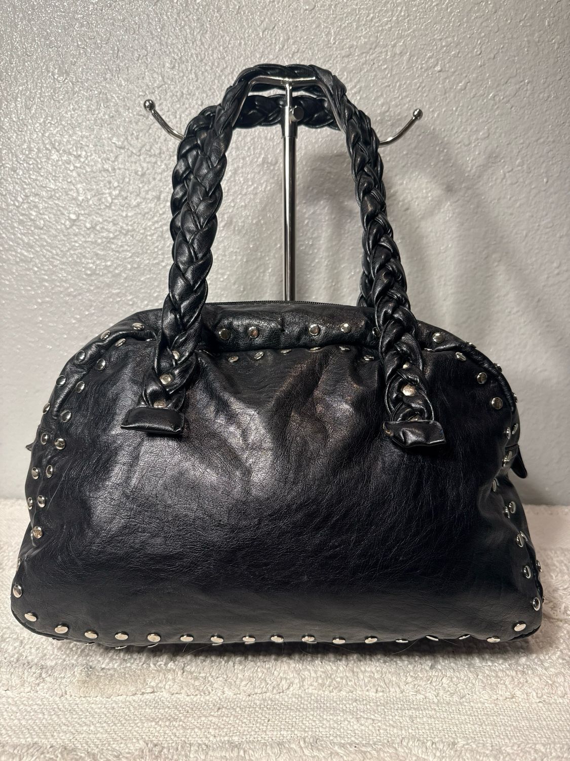 Anthropology, Black Vegan Leather, Silver Studded Shoulder Bag As Seen On Avril Lavigne!
