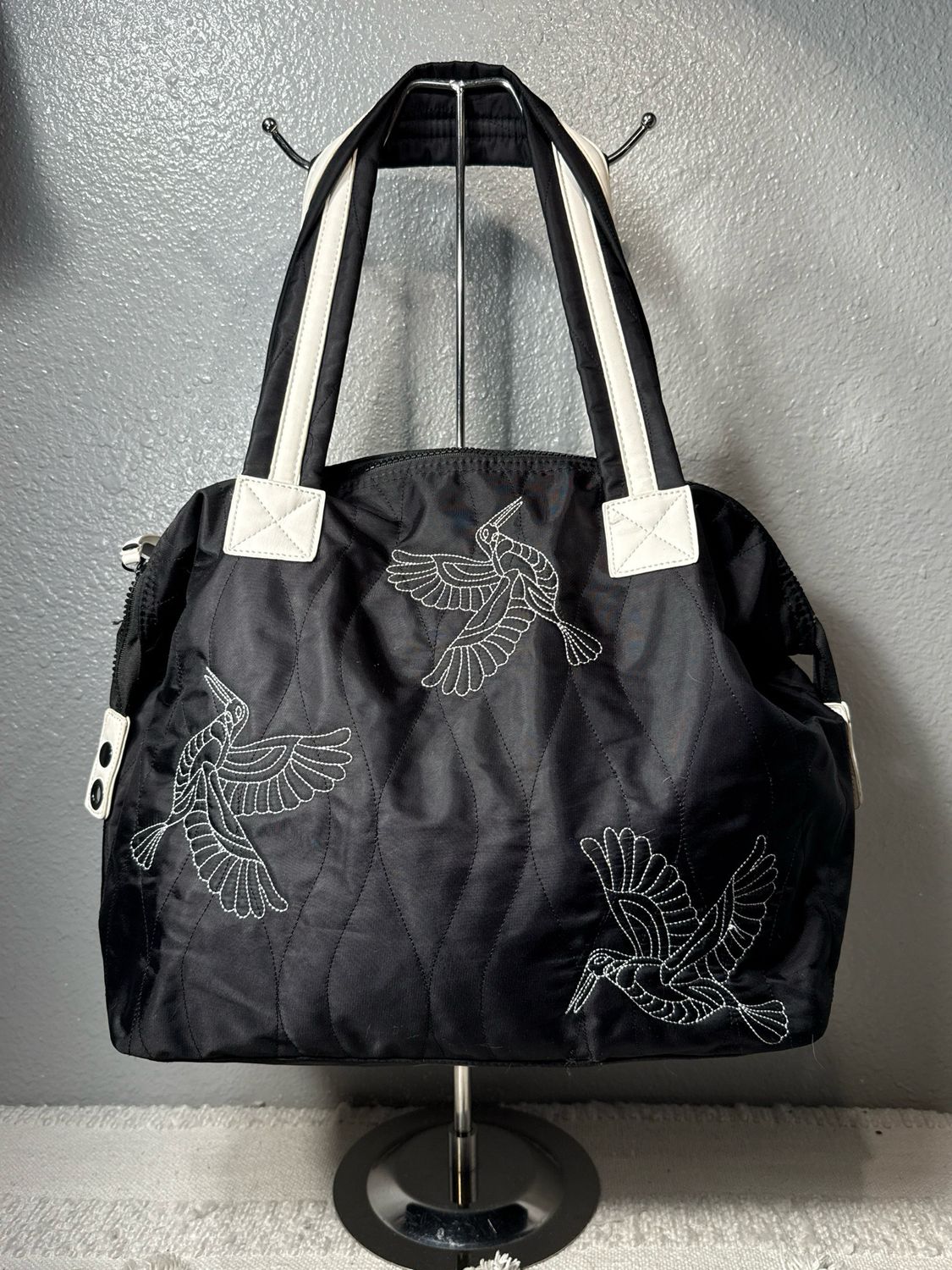 Dream Control, Black Nylon, Quilted Embroidered Bird Tote