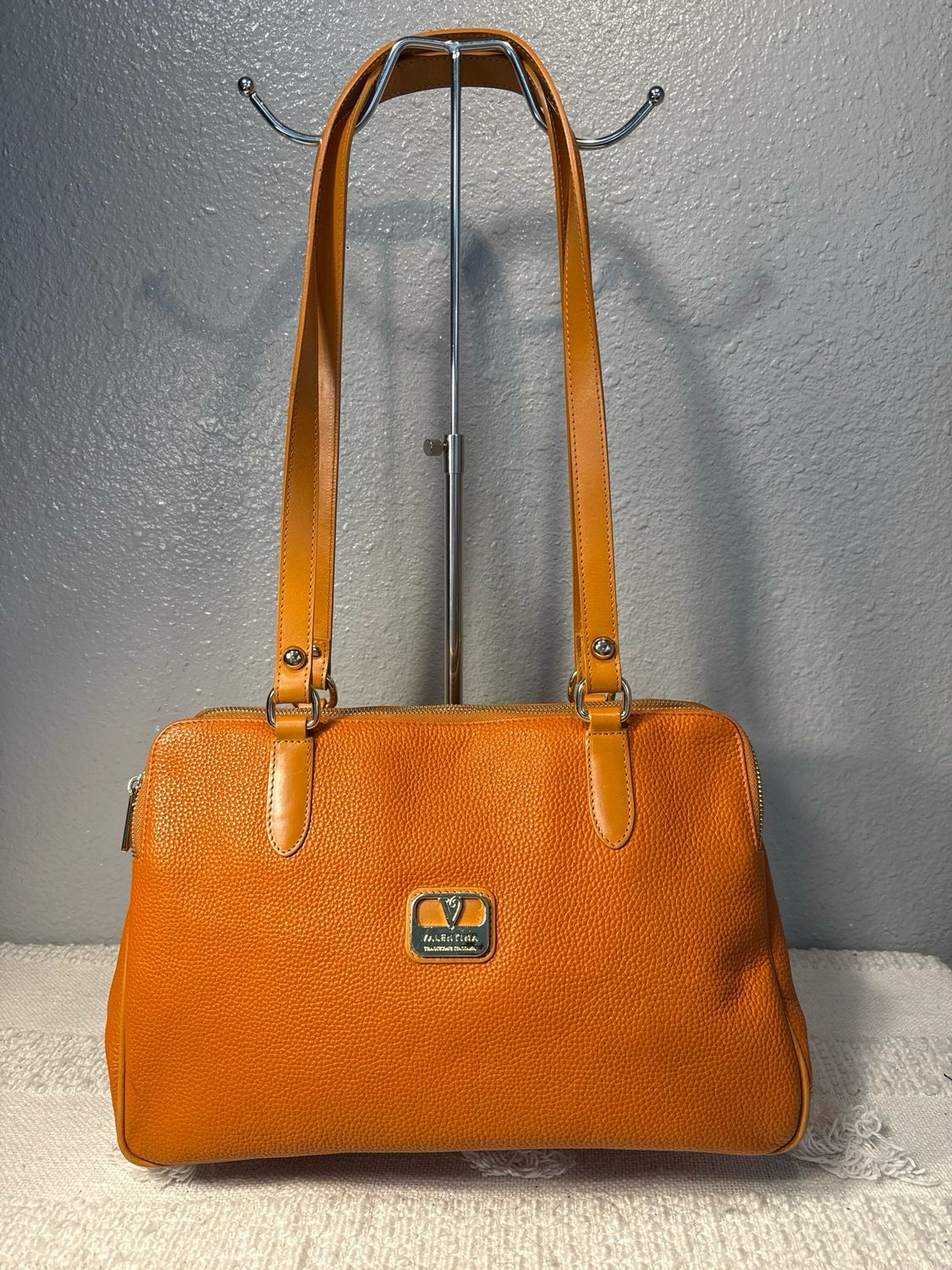 Valentina Pumpkin Pebbled Leather Multi Pocket Tote LIKE NEW!