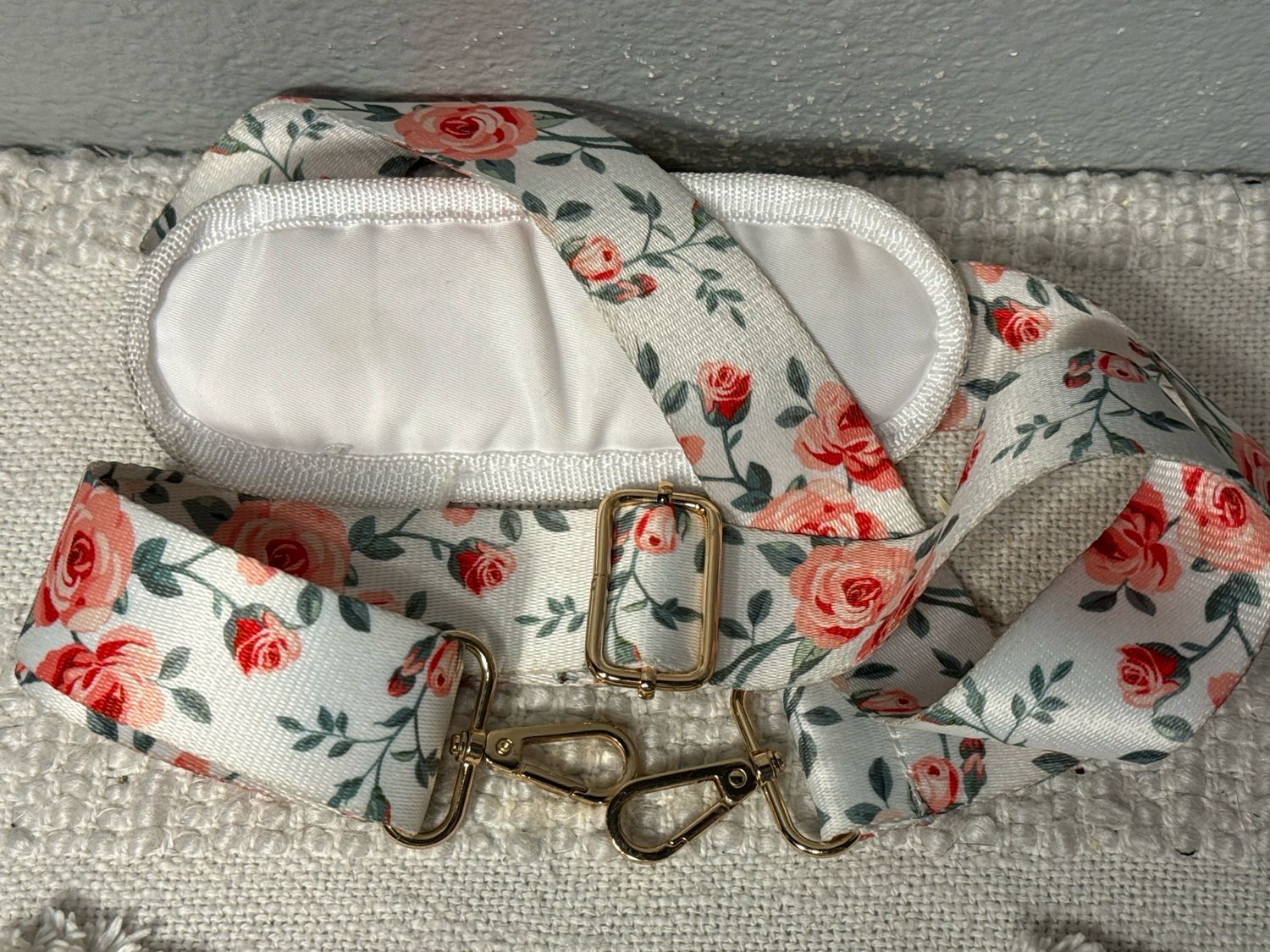 Purse adjustable Crossbody Strap With Pink Roses, And Comfort Strap Cushion
