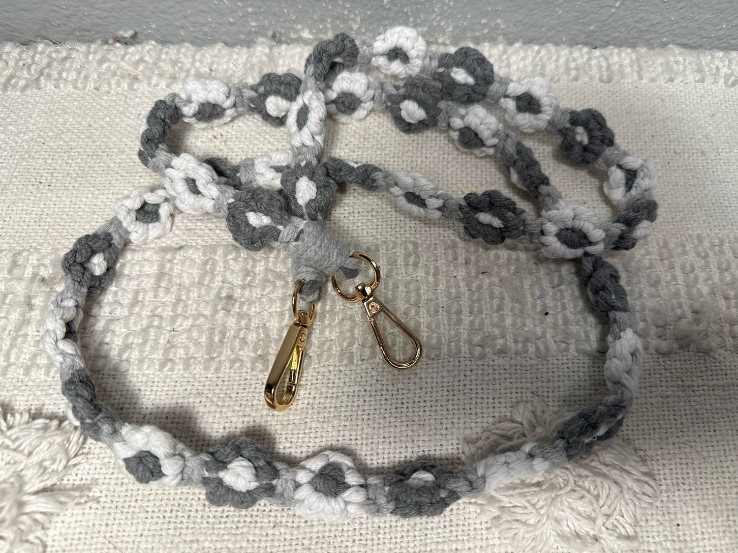 Gray And White Crocheted Floral Crossbody Strap